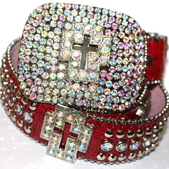 Western Red Bling Cross Belt & Buckle Aurora Borealis AB Crystal Accent SM main image 5